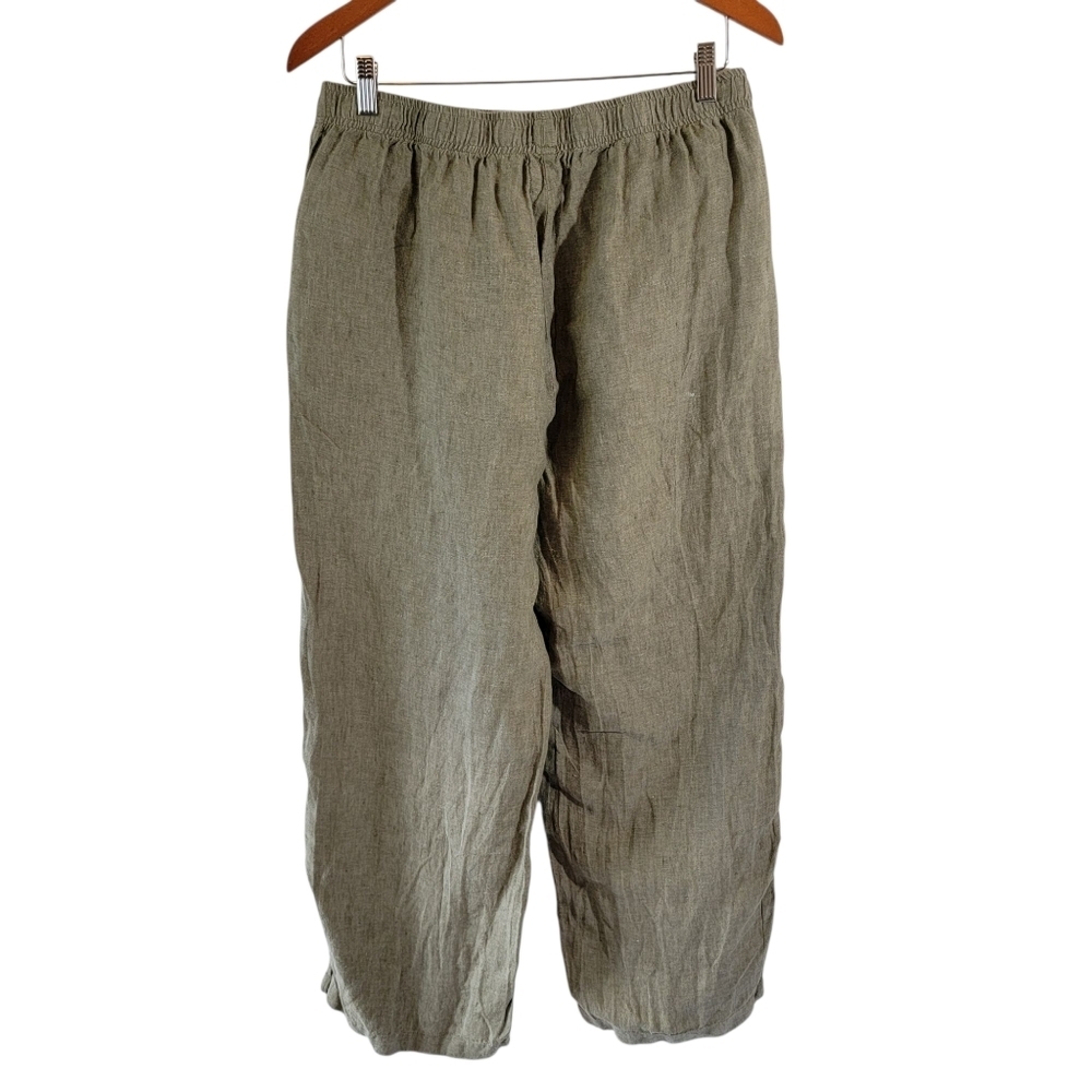 Andres Jovine Green 100% Linen Pull-On Wide Leg Pant Sz L Elastic Waist Casual